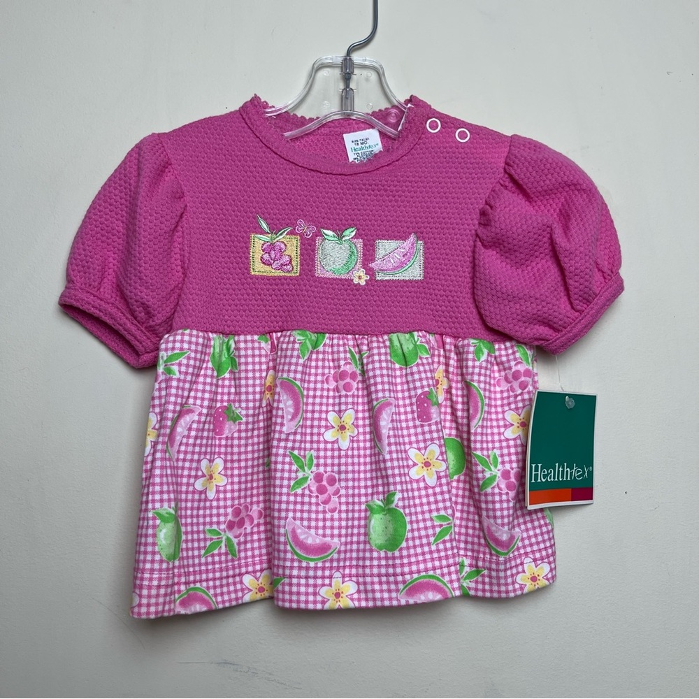 VTG HealthTEX Girls Dress Top Pink Fruit Waffle Knit Gingham Puff Sleeves 18 M
